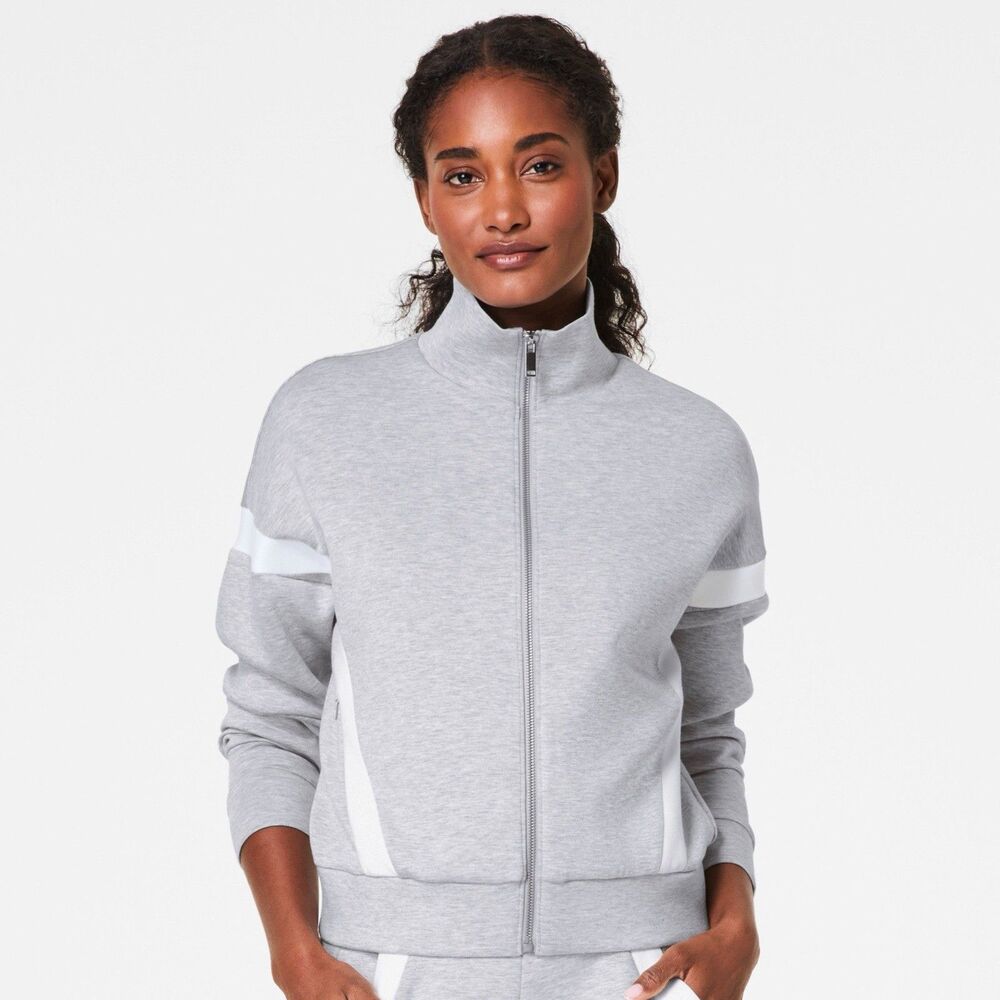 SPANX 3X AirEssentials Striped Track Jacket Gray Full Zip Pockets Collar So SOFT